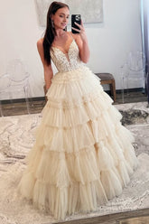 Champagne Beaded Spaghetti Strap Ruffle Tiered Ball Gown